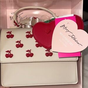 Betsey Johnson Cherry Mini Bag and Cherry Bag Charm Gift Set Cream and Red
